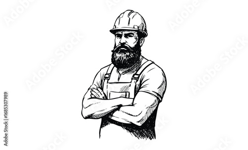 Caucasian male construction worker with beard and hard hat, arms crossed. Vector retro hand drawn illustration