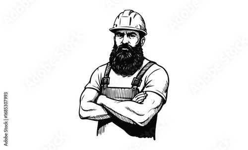 Bearded male construction worker in hard hat with arms crossed. Vector retro hand drawn illustration