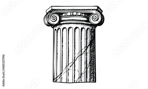 Detailed drawing of classical ionic column with scroll decorations and fluted shaft. Vector retro hand drawn illustration