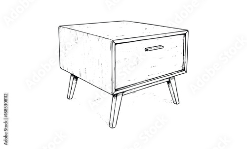 Vintage-inspired wooden nightstand with drawer and angled legs. Vector retro hand drawn illustration