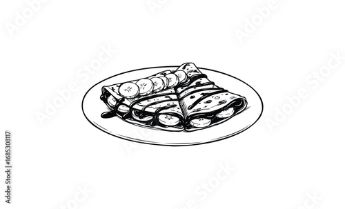 Monochrome drawing of chocolate banana crepes with syrup on plate. Vector retro hand drawn illustration