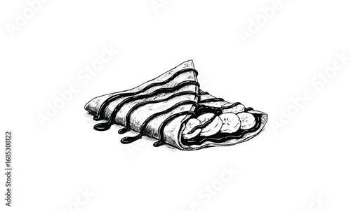 Sketch of a banana chocolate crepe with drizzled sauce in black and white. Vector retro hand drawn illustration