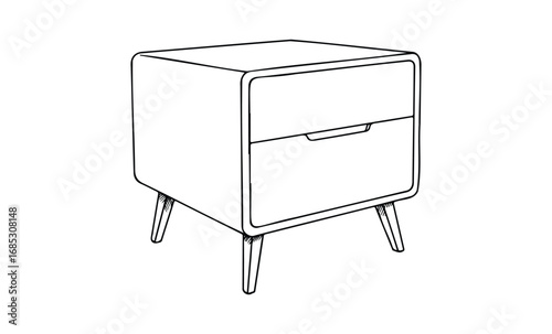 Minimalist wooden nightstand with two drawers and mid-century modern design. Vector retro hand drawn illustration