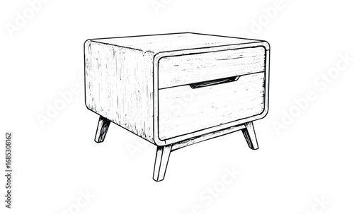 Mid-century modern wooden nightstand with single drawer and tapered legs. Vector retro hand drawn illustration