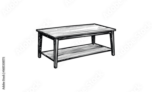 Rustic wooden coffee table with lower shelf, hand-drawn illustration. Vector retro hand drawn illustration