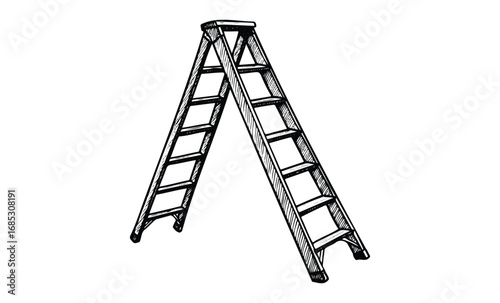 Black and white illustration of wooden stepladder with five rungs. Vector retro hand drawn illustration