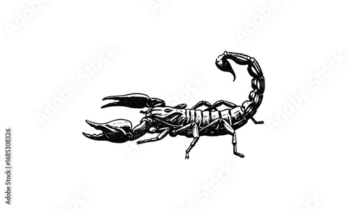 Detailed black and white scorpion illustration with curved tail and sharp pincers. Vector retro hand drawn illustration