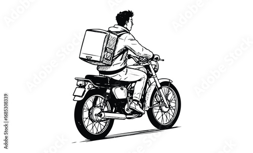 Asian male young food delivery rider on motorcycle with backpack sketch. Vector retro hand drawn illustration
