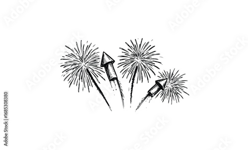 Black and white fireworks with vintage rockets and explosive bursts. Vector retro hand drawn illustration