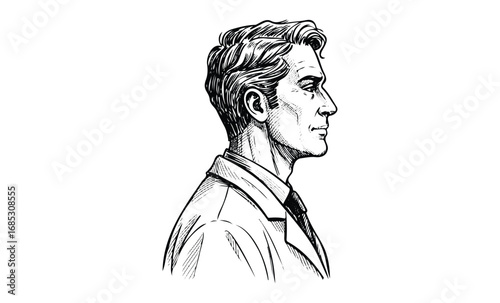 Sketch of side profile of caucasian male adult in formal attire. Vector retro hand drawn illustration