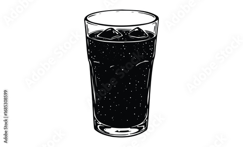 Illustration of a glass of iced cola with ice cubes and bubbles. Vector retro hand drawn illustration