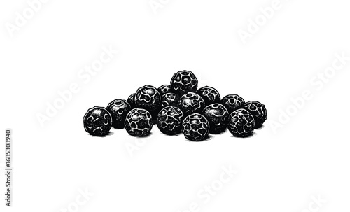 Close-up of whole black peppercorns. Vector retro hand drawn illustration