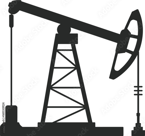 Oil pumpjack silhouette icon, energy extraction vector, fossil fuel industry graphic, black mechanical structure, nodding donkey design, petroleum equipment, industrial symbol, rig element