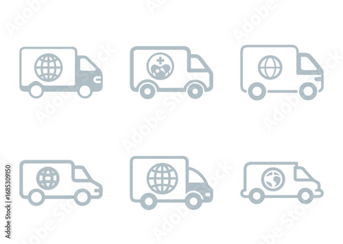Set of delivery truck icons representing global shipping and medical transport