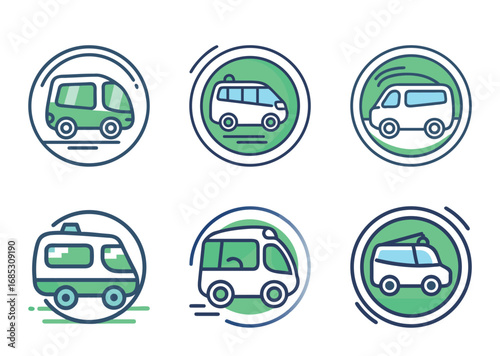 Set of colorful bus and van icons in modern line art style