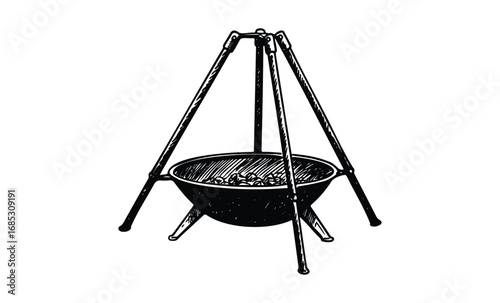 Vintage tripod cauldron with firewood for outdoor cooking black and white illustration. Vector retro hand drawn illustration