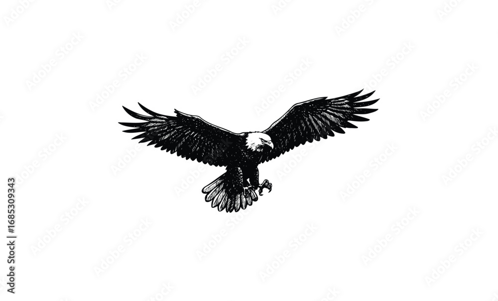 Fototapeta premium Vintage style illustration of a majestic bald eagle with outstretched wings. Vector retro hand drawn illustration