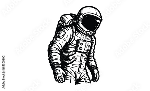 Monochrome illustration of astronaut in space suit with helmet. Vector retro hand drawn illustration