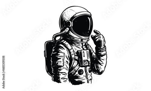 Black and white illustration of an astronaut in space suit. Vector retro hand drawn illustration