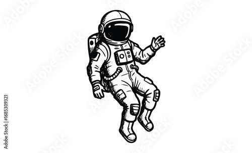 Black and white illustration of astronaut floating in space. Vector retro hand drawn illustration