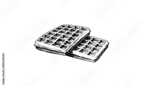 Detailed sketch of two classic waffles in black and white. Vector retro hand drawn illustration