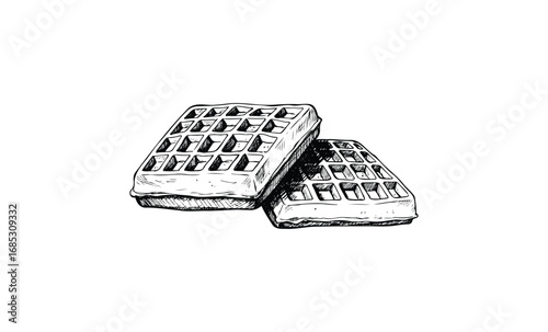 Hand-drawn sketch of two square waffles with crispy texture. Vector retro hand drawn illustration