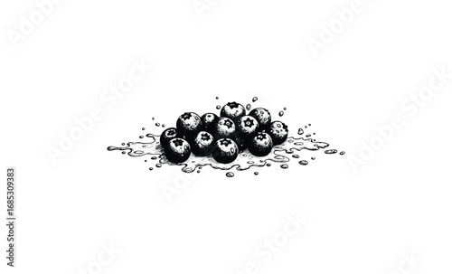 Black and white blueberries splash art: juicy fruit illustration. Vector retro hand drawn illustration