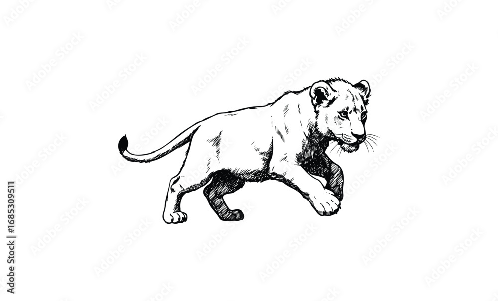 Obraz premium Detailed sketch of a playful lion cub in motion. Vector retro hand drawn illustration