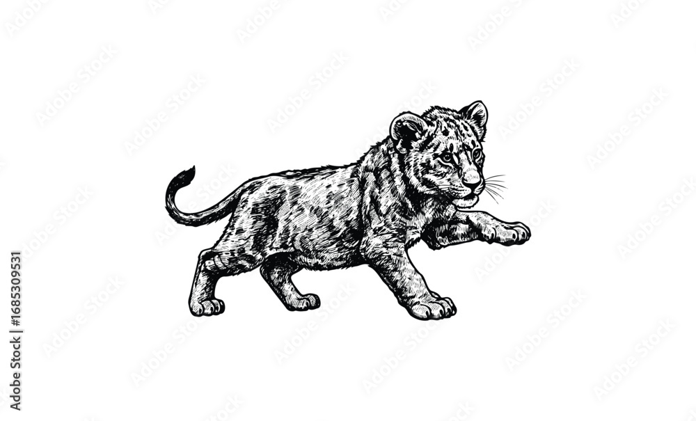 Obraz premium Detailed illustration of a playful lion cub with raised paw in sketch style. Vector retro hand drawn illustration