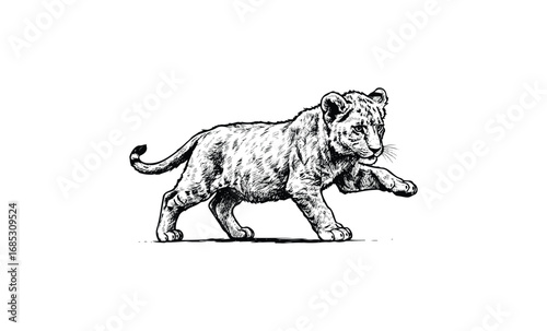 Detailed black and white sketch of walking lion cub. Vector retro hand drawn illustration