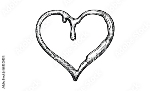 Hand-drawn dripping heart outline with textured details. Vector retro hand drawn illustration