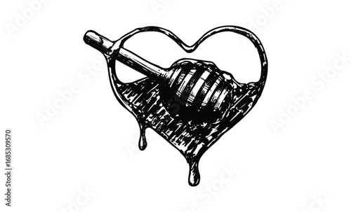 Heart-shaped honey drip with dipper in sketch style. Vector retro hand drawn illustration