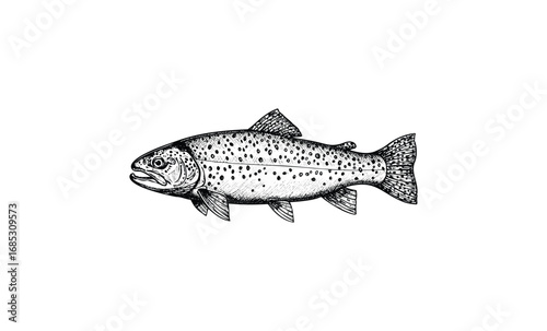 Detailed black and white sketch of trout fish with intricate markings. Vector retro hand drawn illustration