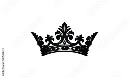 Intricate black silhouette of a royal crown with fleur-de-lis design. Vector retro hand drawn illustration