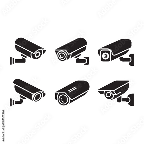 Collection of six surveillance security cameras mounted on walls for monitoring and protection vector
