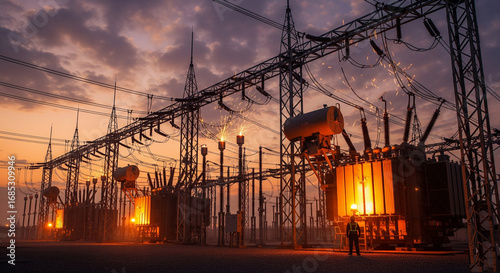 An electrical power substation at dusk, with transformers glowing and sparks flying from high-voltage equipment.