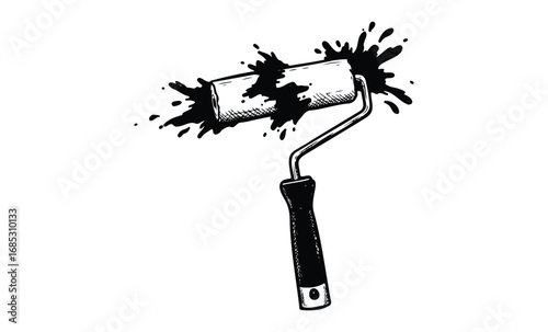 Ink splattered paint roller illustration. Vector retro hand drawn illustration