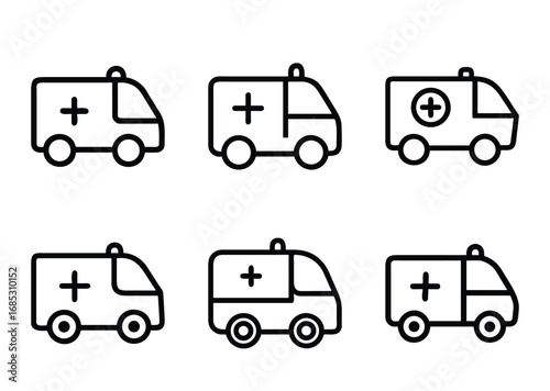 Six minimalist ambulance icons in black outline on a white background
