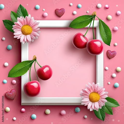 Vibrant Pink Frame with Cherry and Daisy Decorations, Ideal for Summer Invitations, Party Themes, or Sweet Celebrations