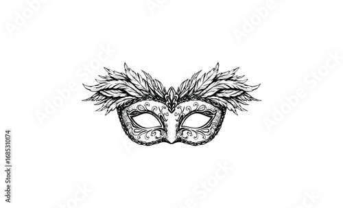 Ornate feathered masquerade mask with intricate design. Vector retro hand drawn illustration