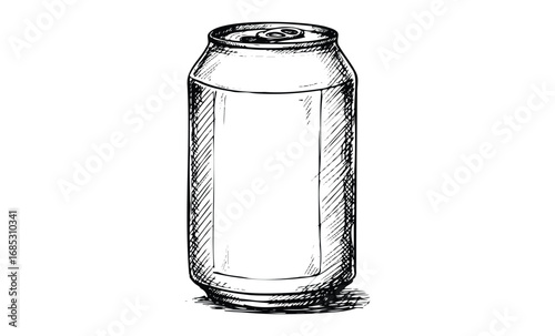 Hand-drawn sketch of a beverage can: detailed black and white illustration. Vector retro hand drawn illustration