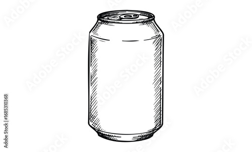 Hand-drawn sketch of blank aluminum beverage can with detailed lines. Vector retro hand drawn illustration