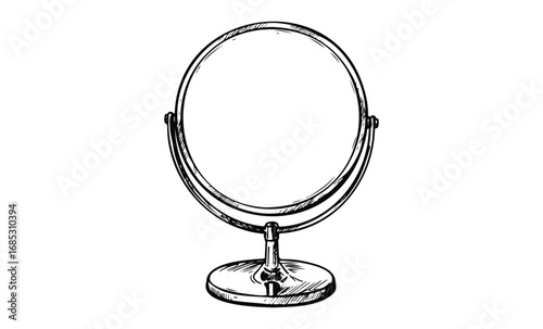Vintage handheld mirror sketch with adjustable stand and oval frame. Vector retro hand drawn illustration