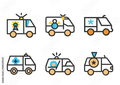 Stylized set of ambulance vehicles with distinctive medical symbols, vector illustration