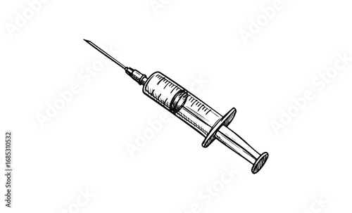 Hand-drawn medical syringe illustration with detailed plunger and needle. Vector retro hand drawn illustration