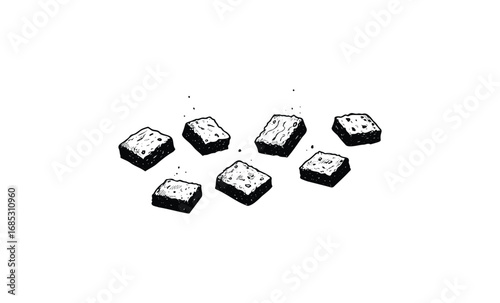 Hand-drawn black and white chocolate brownies illustration with crumbs. Vector retro hand drawn illustration