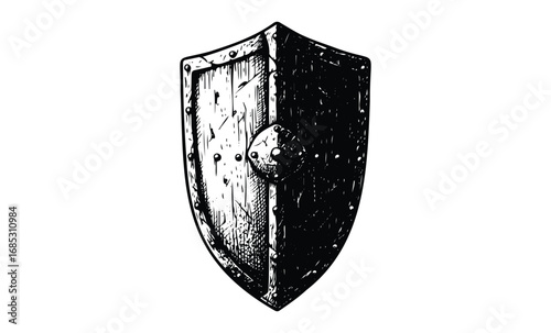 Vintage medieval shield etching with wood and metal details. Vector retro hand drawn illustration