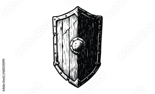 Medieval wooden shield with metal rivets in black and white illustration. Vector retro hand drawn illustration