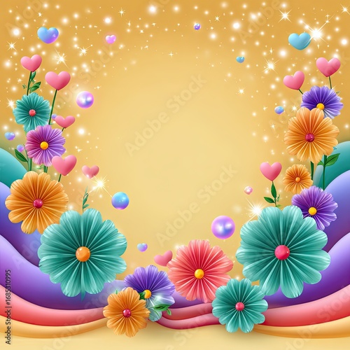 Colorful Floral Arrangement with Hearts and Bubbles on a Soft Background, Perfect for Celebrations and Designing Greeting Cards or Invitations