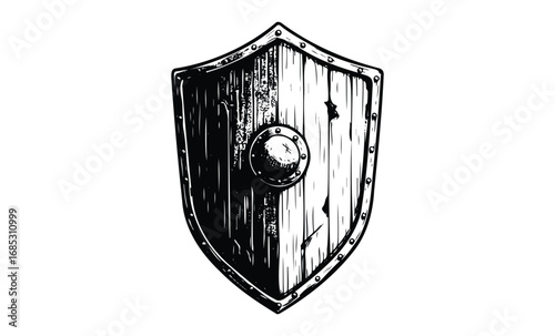 Vintage wooden shield with rustic metal accents and textured surface illustration. Vector retro hand drawn illustration